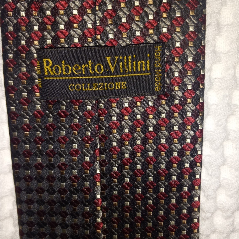 Roberto Villini Couture Men Black Red Silver Diamond Woven Silk Tie Handmade